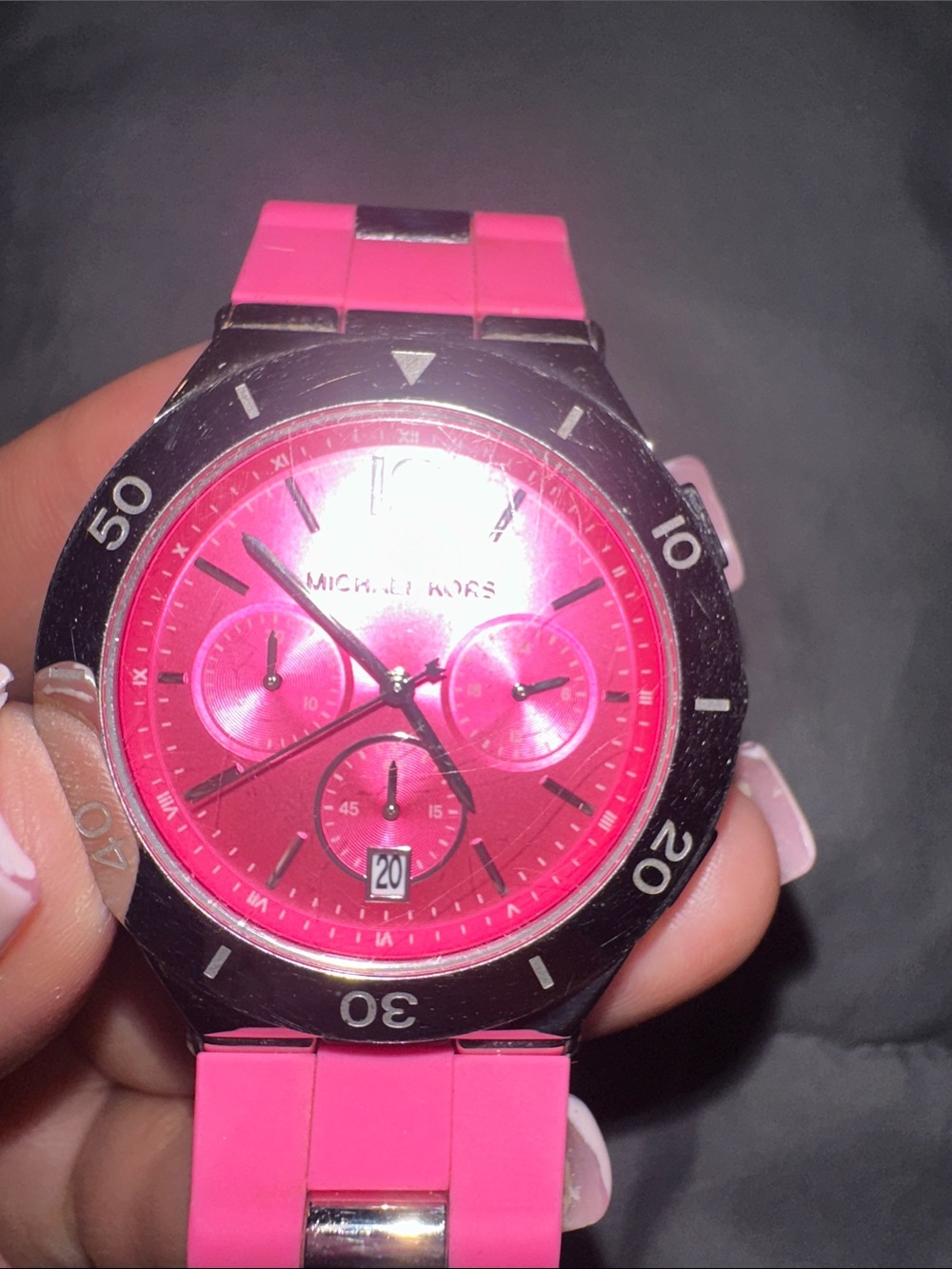 Michael Kors Pink Silicone Link Chronograph Watch with Silver Accents - Picture 3 of 4